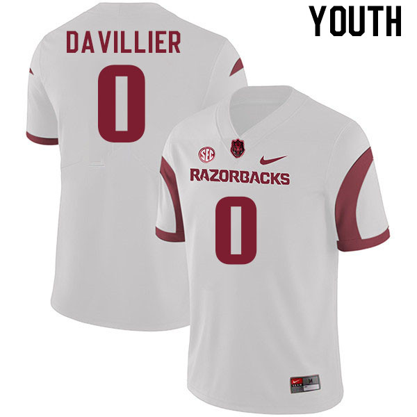 Youth #0 Nico Davillier Arkansas Razorback College Football Jerseys Stitched Sale-White - Click Image to Close